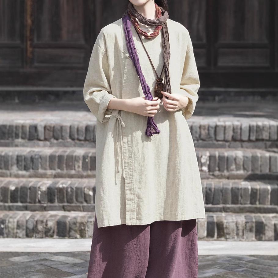 2025 Retro čínský styl středně dlouhý bavlněno-lněný top s žabkovým zapínáním a vázací šňůrkou pro ženy