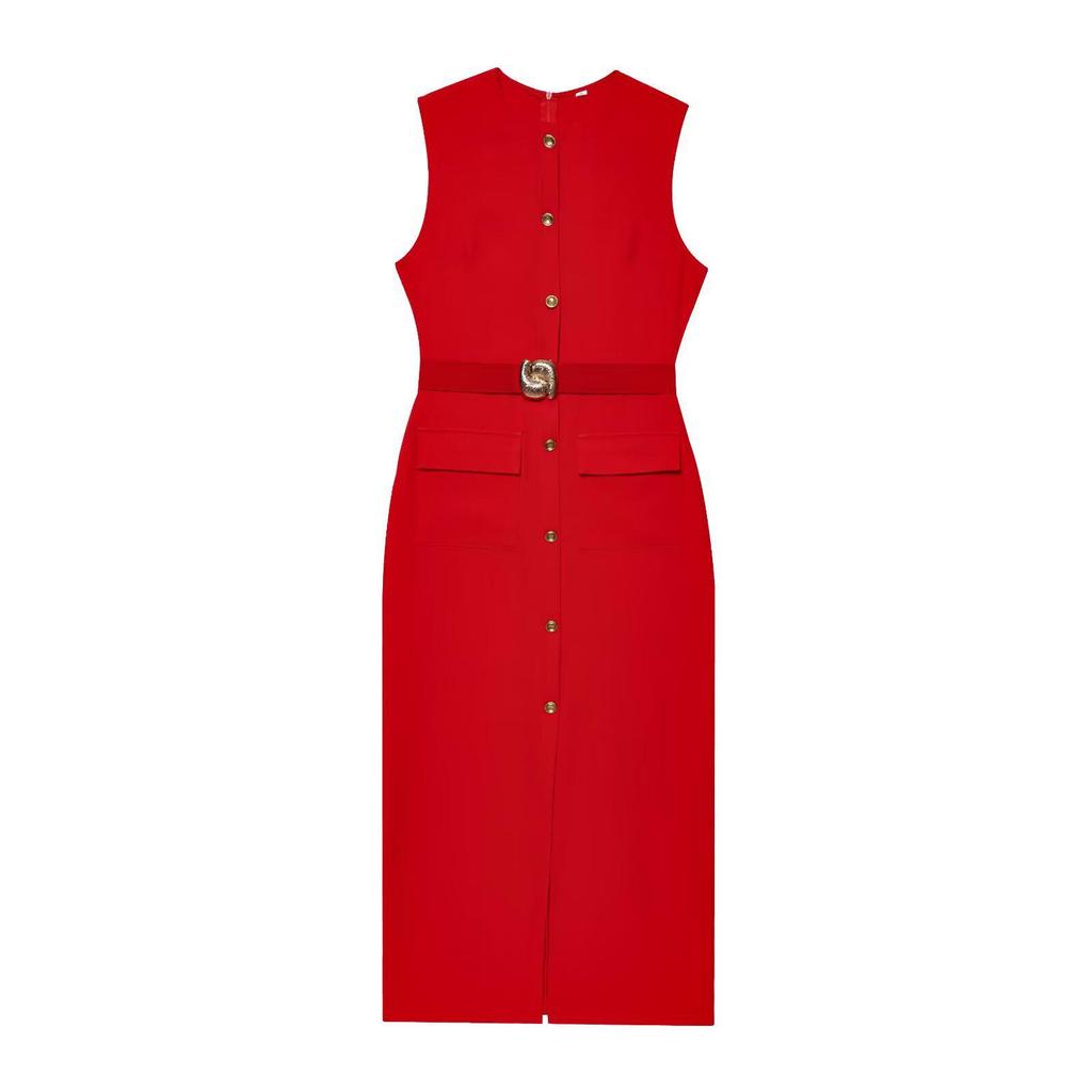 Women's European and American Style Sleeveless Midi Dress with Belt - Sexy Crew Neck for Spring