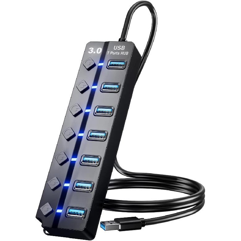 USB 3.0 Hub, PANPEO 7-Port USB Data Hub Splitter with 3ft Long Cable USB Extension for Laptop,PC Computer,Surface Pro, PS4/5, Flash Drive, Mobile HDD