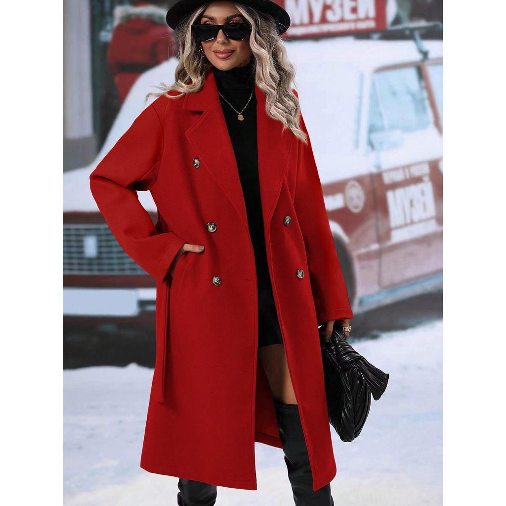 2025 Autumn Winter Women's Double-Breasted Wool Blend Trench Coat, Belted Waist Elegant Overcoat with Notched Lapel, Classic Office Chic Outerwear
