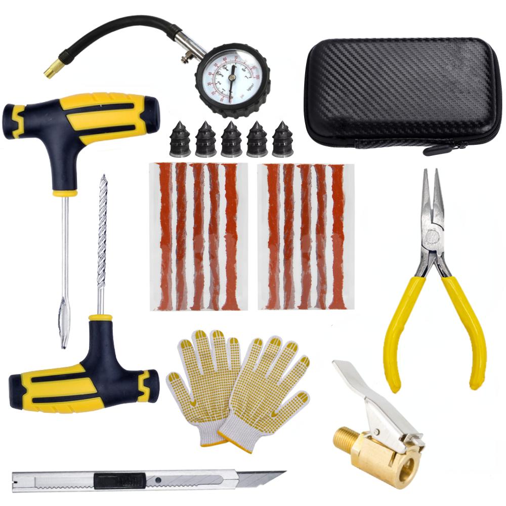 New Car Tire Repair Tool Kit Studding Set Auto Bike Puncture Plug Garage Needle Nose Pliers Vacuum Film Nail Screws Storage Case