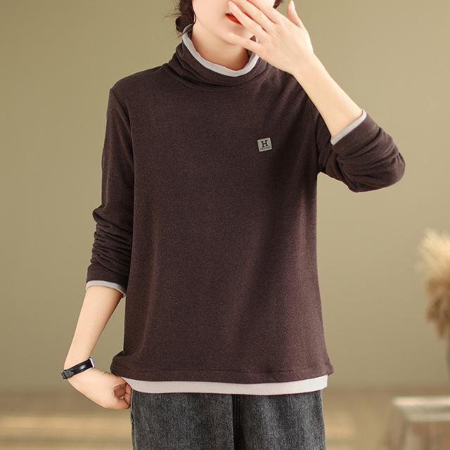 Autumn and Winter New Turtleneck Splicing Bottoming Shirt Women's Fashion Double-sided Thickened Loose Contrasting Top