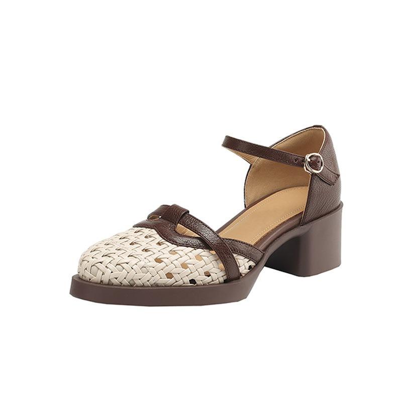 High Heels Damenschuhe Dicke Absätze Ein-Knopf-Sandalen Gewebt Ausgehöhlt Schweinekäfigschuhe