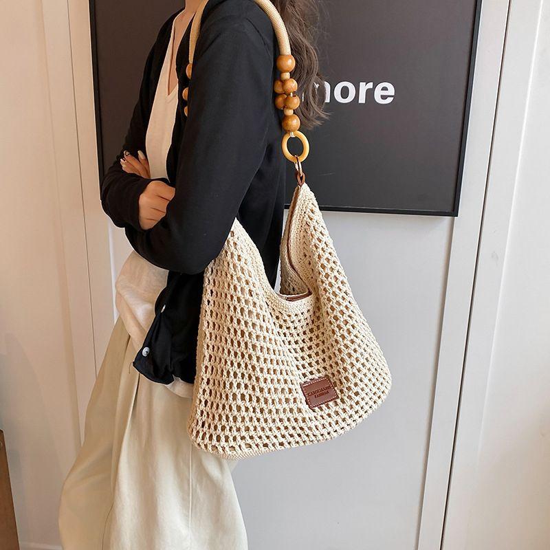 

Seaside Vacation Beach Bag Woven Women s New Arrival Fashion All-Match Cut Out Knitted Bag Large Capacity Shoulder Underarm Bag Rice White with Brown Large