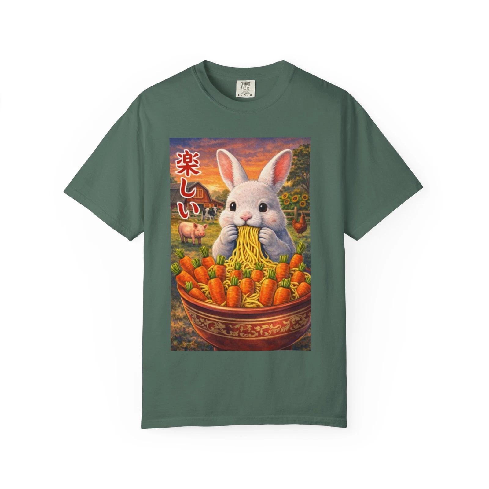 

White Bunny Eating Noodles 100% Cotton T-shirt Mens Tees Top | Cute Rabbit Ramen Illustration XL