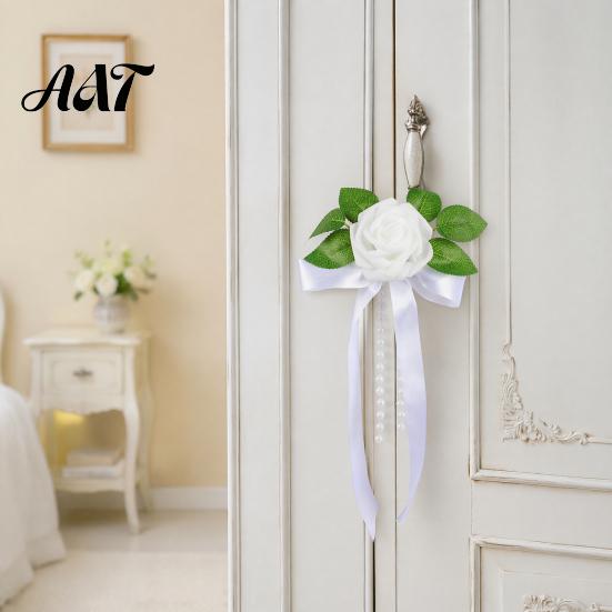 Romantic Wedding Car Decor Artificial White Rose Decoration, Door Handle & Rearview Mirror Flower Bouquet All Weather Set with Satin Ribbon