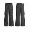 Mens Vintage Washed Denim Cargo Pants With Rivets Relaxed Fit Multiple Pockets Slight Wrinkle Straight Leg