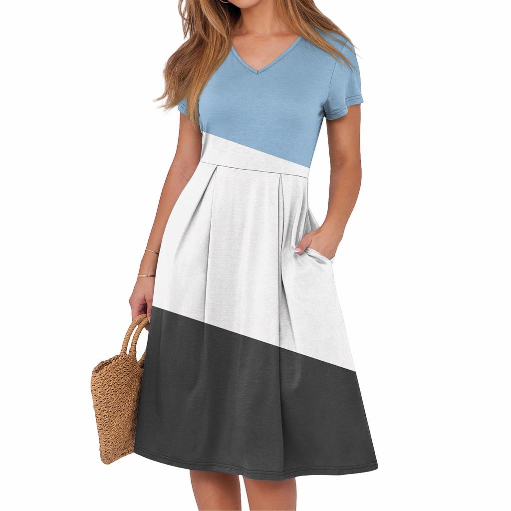 Vestido de Verano Casual para Mujer con Estampado, Cuello en V, Manga Corta y Bolsillos