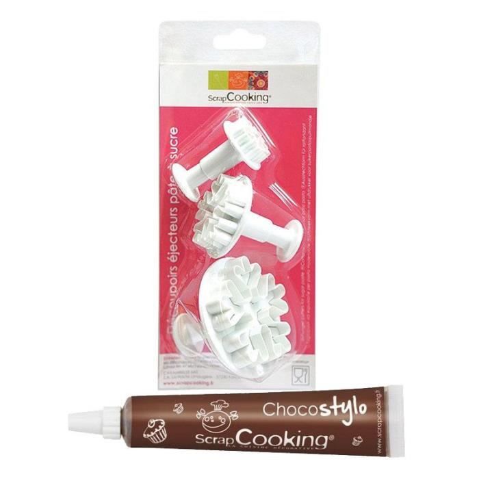 3 découpoirs et éjecteurs à pâte à sucre Flocons + 1 Stylo chocolat offert