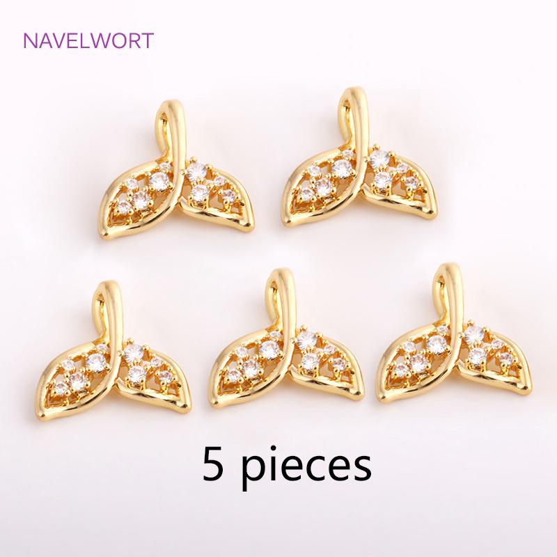 Trendy Inlaid Zircon Hollow Fishtail Pendants For Necklace Making Fittings Brass Metal Gold Color Fishtail Charms Wholesale