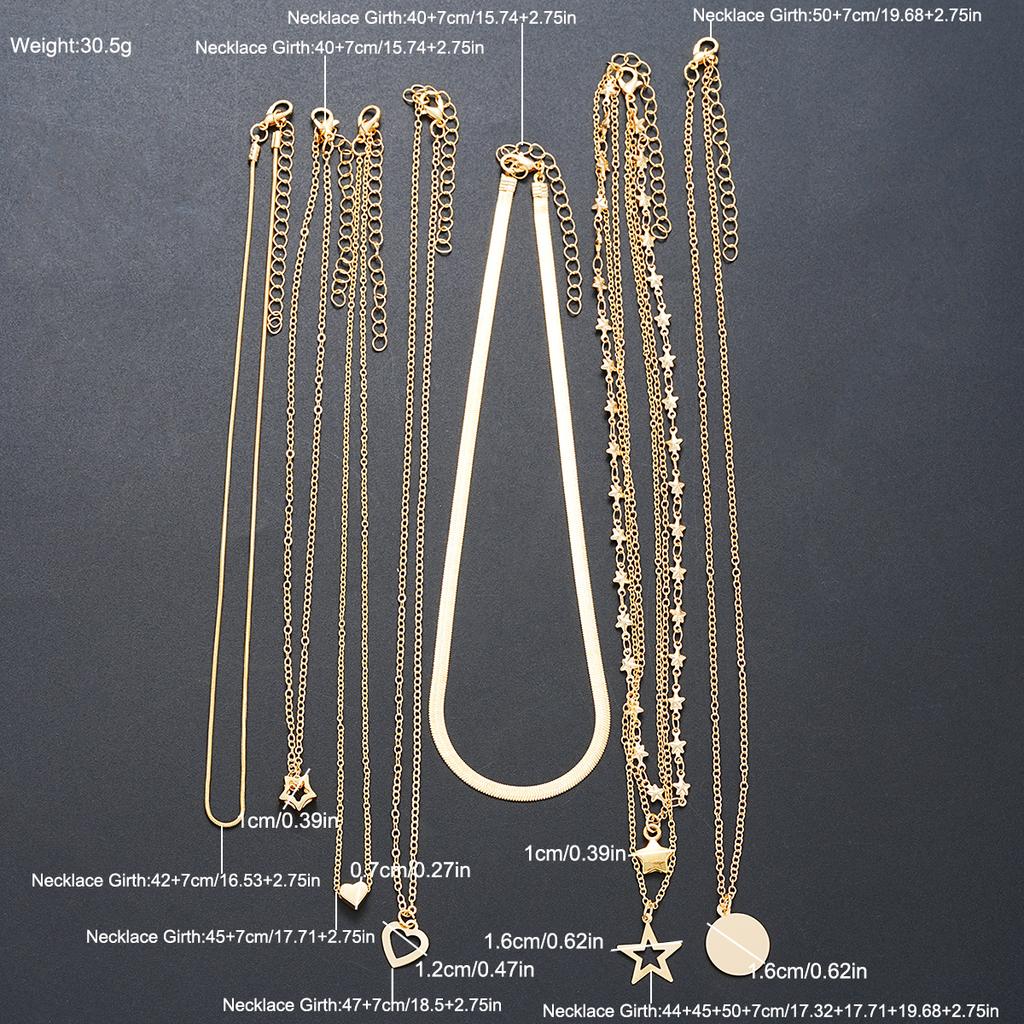 7pcs/Set Simple Star Heart Pendant Necklace Set For Women Fashion Gold Color Elegant Layered Necklace Female Charms Jewelry Gift