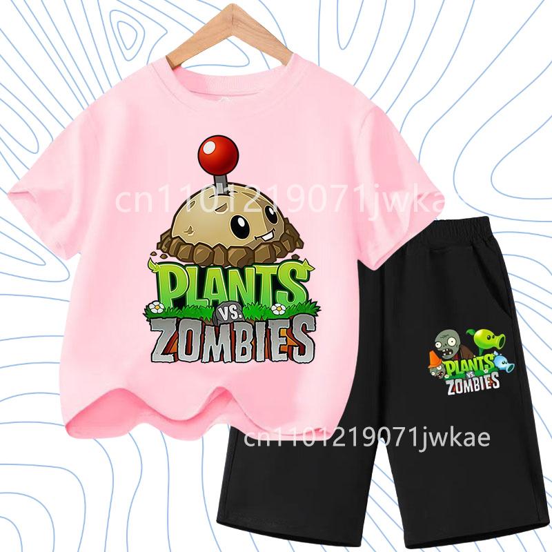 Kids Street Fashion Boys Girls T Shirt Set Plants Vs Zombies Cute Print 2026 Summer Casual Daily Wear 3-12 Age Shirt Suit