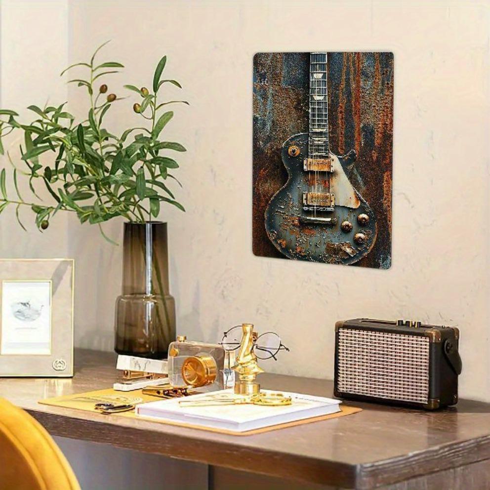 Dwuwymiarowy Vintage Metalowy Znak Ścienny z Elektryczną Gitarą - 12x8 Calowy Rustykalny Blaszany Wystrój do Pokoju Muzycznego, Baru, Garażu lub Jaskini Mężczyzny