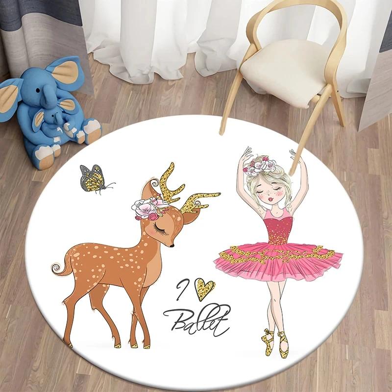 Ballet Dancer Girl Round Carpet Cute Cartoon Animal Fairy Print Area Rug For Bedroom Living Room Decor Non-Slip Play Floor Mat