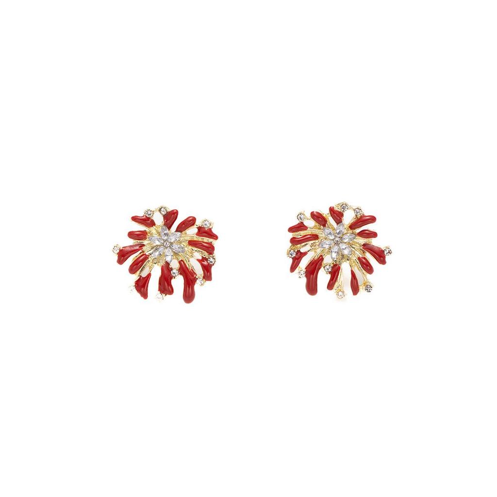 Ankara Red Festive Rhinestone Fireworks Stud Earrings in 925 Sterling Silver