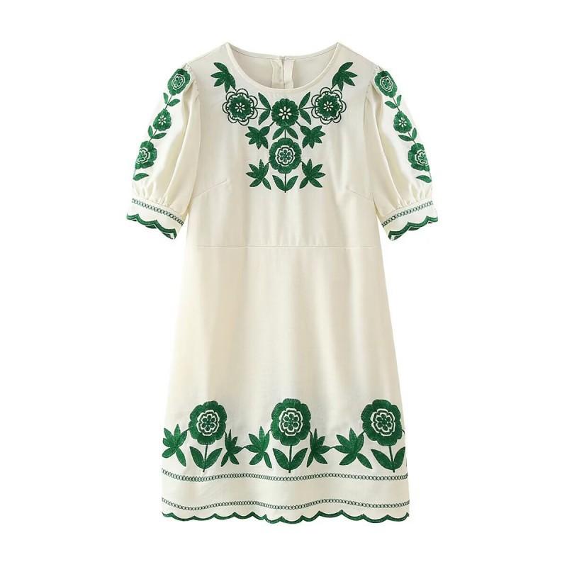 

European American Women s Clothing Summer National Style Embroidery Round Collar Short Dress M покинуть белый