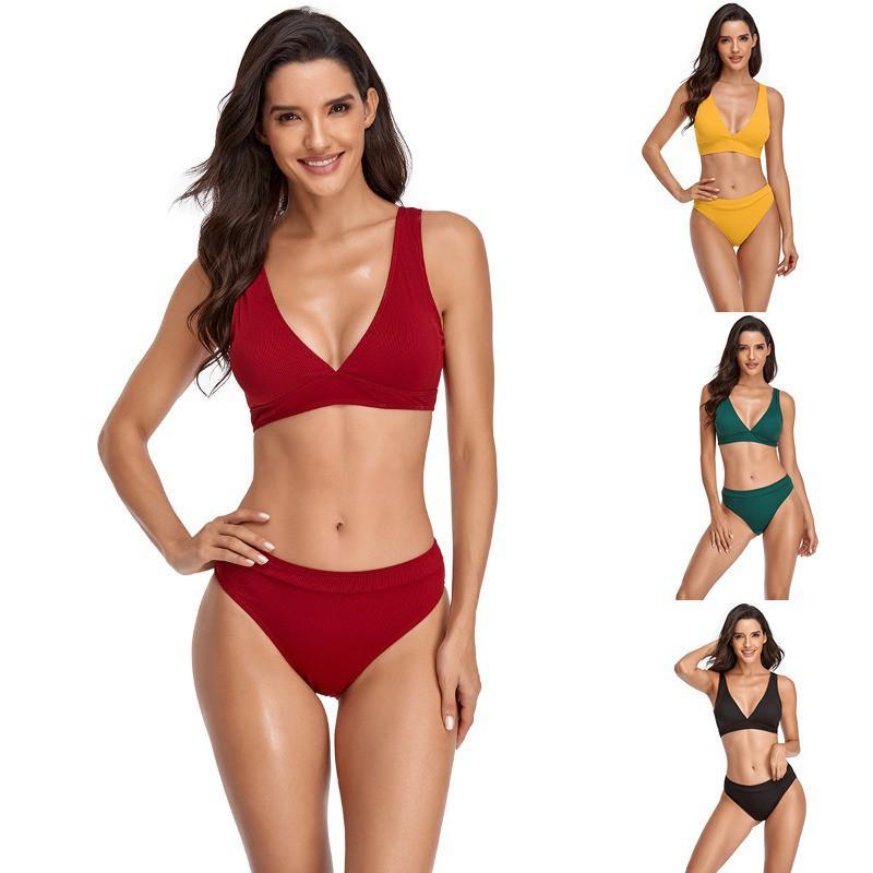 26 Solid Color Split Swimsuit Female Sexy Gathered Tight Bikini Backless High-end