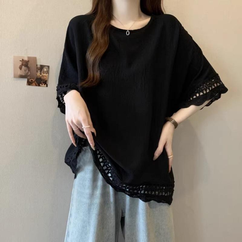 

Женская летняя футболка с коротким рукавом, кружевной ажурный дизайн, повседневный свободный топ XXS чёрный
