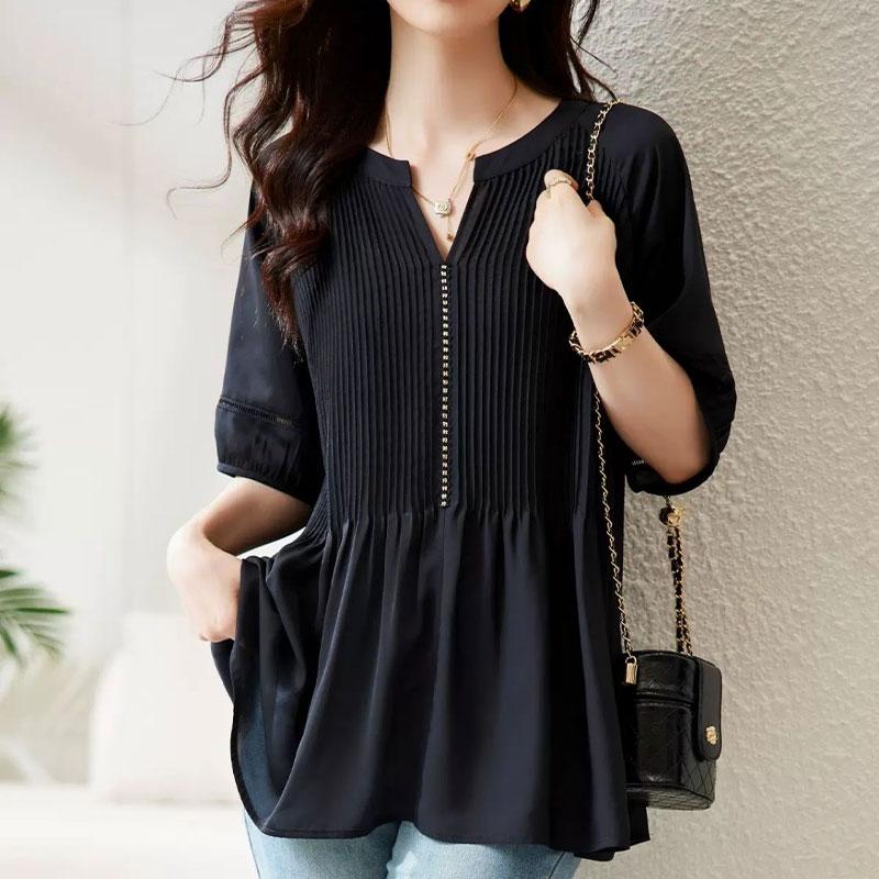 Stylowa plisowana łączona luźna bluzka odzież damska jednolity kolor casualowy krótki rękaw lato ażurowa elegancka koszula z dekoltem w serek
