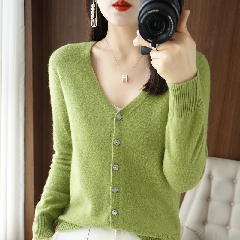 Spring & Autumn Women's V-Neck Knit Cardigan - Long Sleeve Short Sweater Jacket