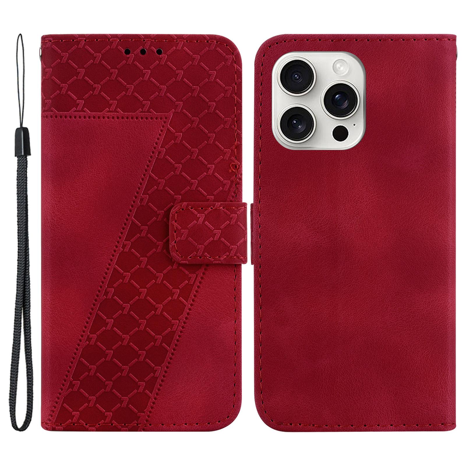

For iPhone 16 Pro Case 7-Shaped Pattern Leather Shockproof Phone Cover Red