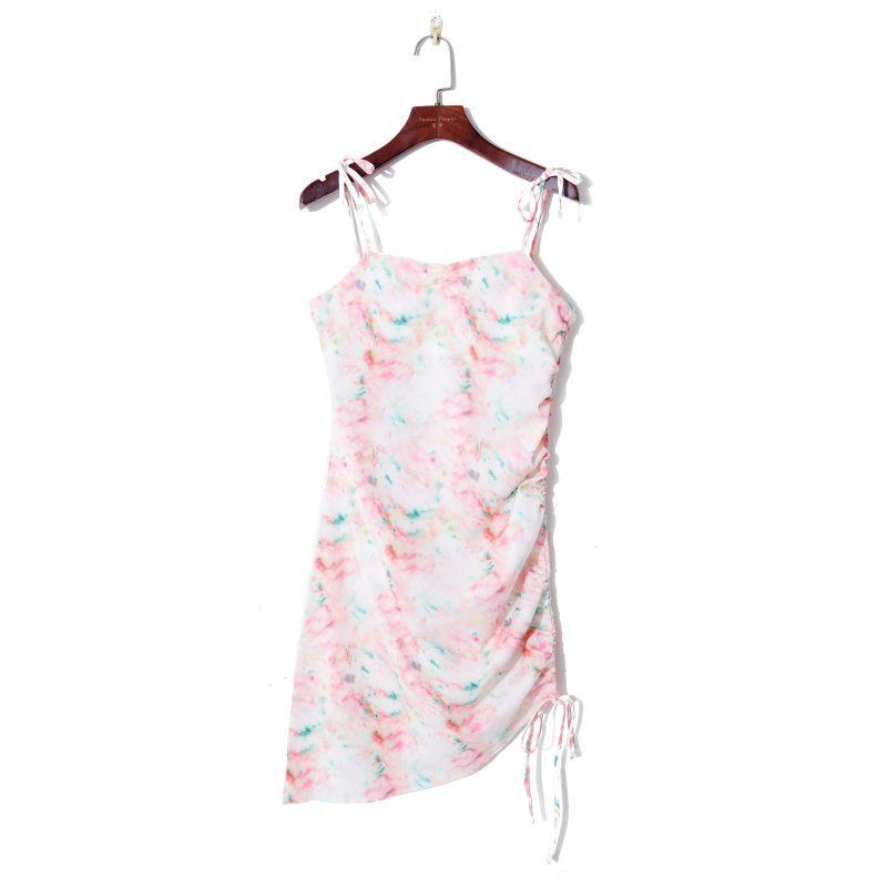 

2023 Fall Women s Clothing Fresh Gradient Printing and Dyeing Drawstring Lace Ruched Silm Slim Looking Asymmetrical All-Match Slip Dress Pink tie-dye M