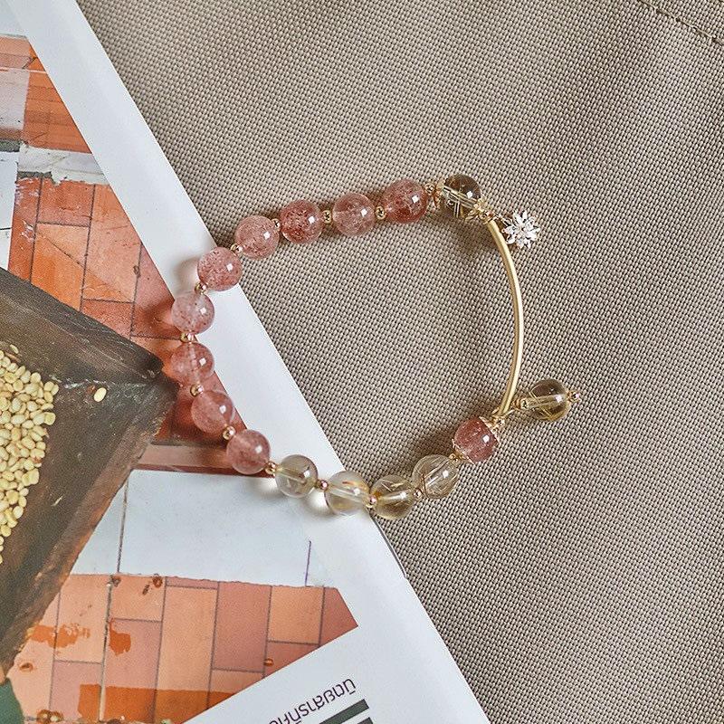 Natural Blond Crystal Bracelet, Strawberry Crystal Bracelet, Peach Blossom Design Fashion Jewelry. 13cm-14cm hand circumference