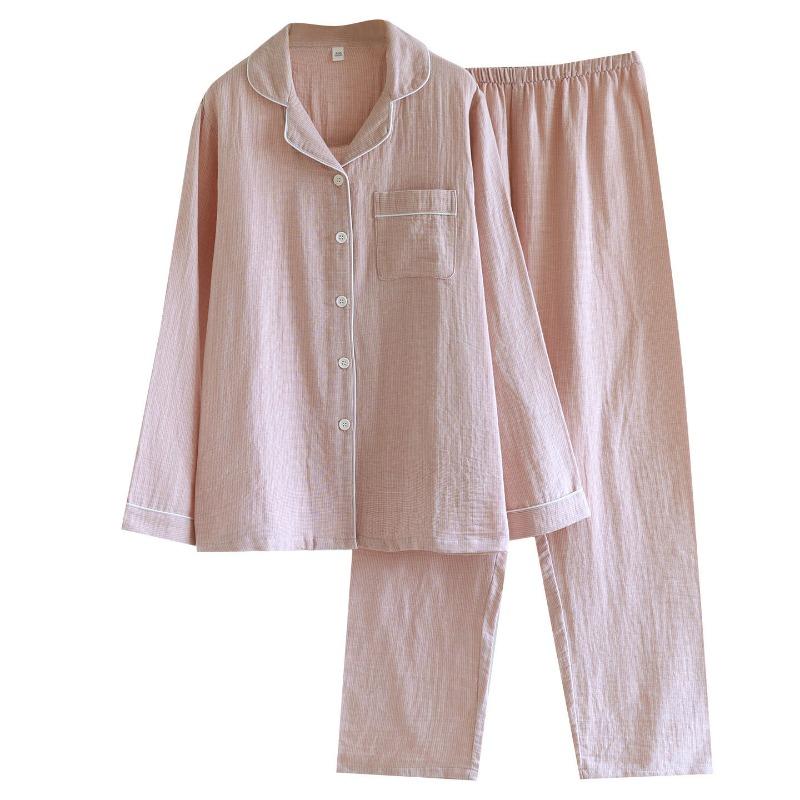 2026 New Couple Spring and Autumn Pajama Set 100% Cotton Gauze Jacquard Women's Long Sleeve Checkered Two Piece Set