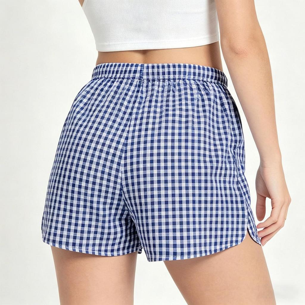 Women Plaid Casual Loose Fit Shorts with Drawstring Waist and Side Pockets Lightweight Breathable Fabric for Daily Wear