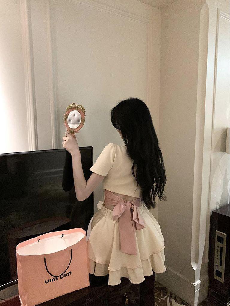 Women's Ballet-Inspired Bow T-Shirt & Fluffy Short Skirt Set
