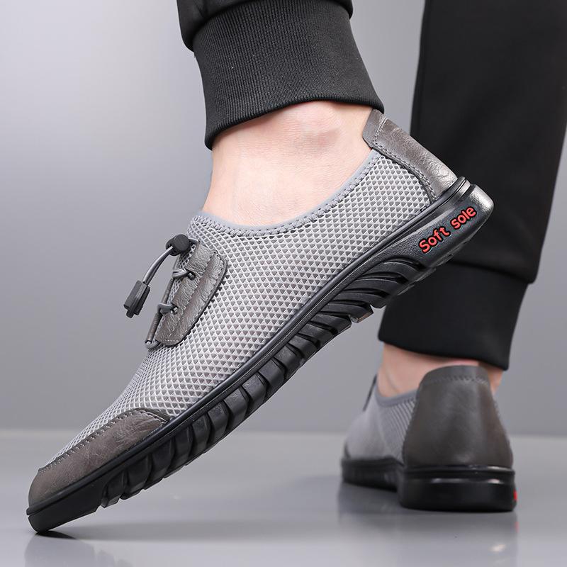 Men's business casual shoes summer breathable mesh hollow thin men's shoes elastic band wear a foot lazy shoes