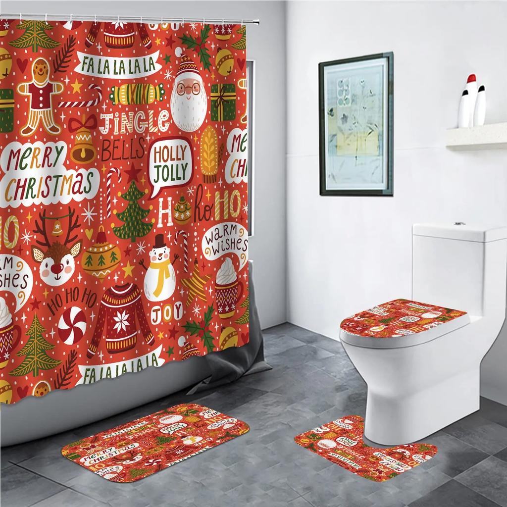 Snowman Santa Claus Shower Curtain Set Bathroom Set Non-Slip Mat Carpet Waterproof Toilet Seat Cushion Bath Mat Christmas Decor