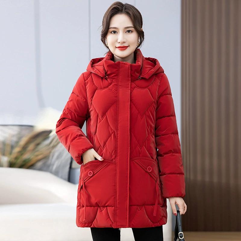 Zimowa kurtka bawełniana Kurtka bawełniana dla osób w średnim i starszym wieku Damska kurtka z kapturem Duży rozmiar Średniej długości Pogrubiona kurtka