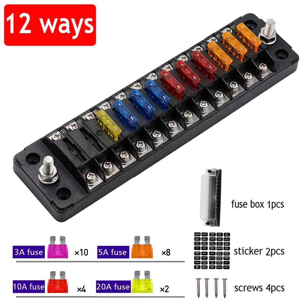 32V Car Boat 12 Ways Regardless of Positive and Negative Fuse Box Holder with 24 Pieces of Fuse, 1 In 1 Out M5 Stud with Sticker