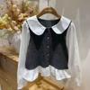 Autumn 2025 Women's Elegant Patchwork Doll Collar Shirt - Chic, Age-Defying Long Sleeve Top