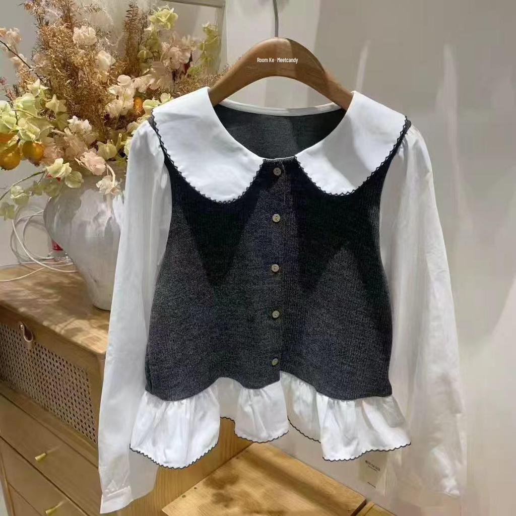 Autumn 2025 Women's Elegant Patchwork Doll Collar Shirt - Chic, Age-Defying Long Sleeve Top