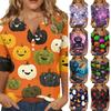 Women's Halloween Print V-Neck Short Sleeve T-Shirt with Decorative Buttons for Casual Fall Outfits