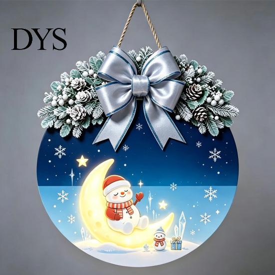 Winter Atmosphere Decor Christmas Wooden Welcome Sign for Front Door, Round Hanging Ornament with Santa Claus Snowman Art Artificial Pine Branches