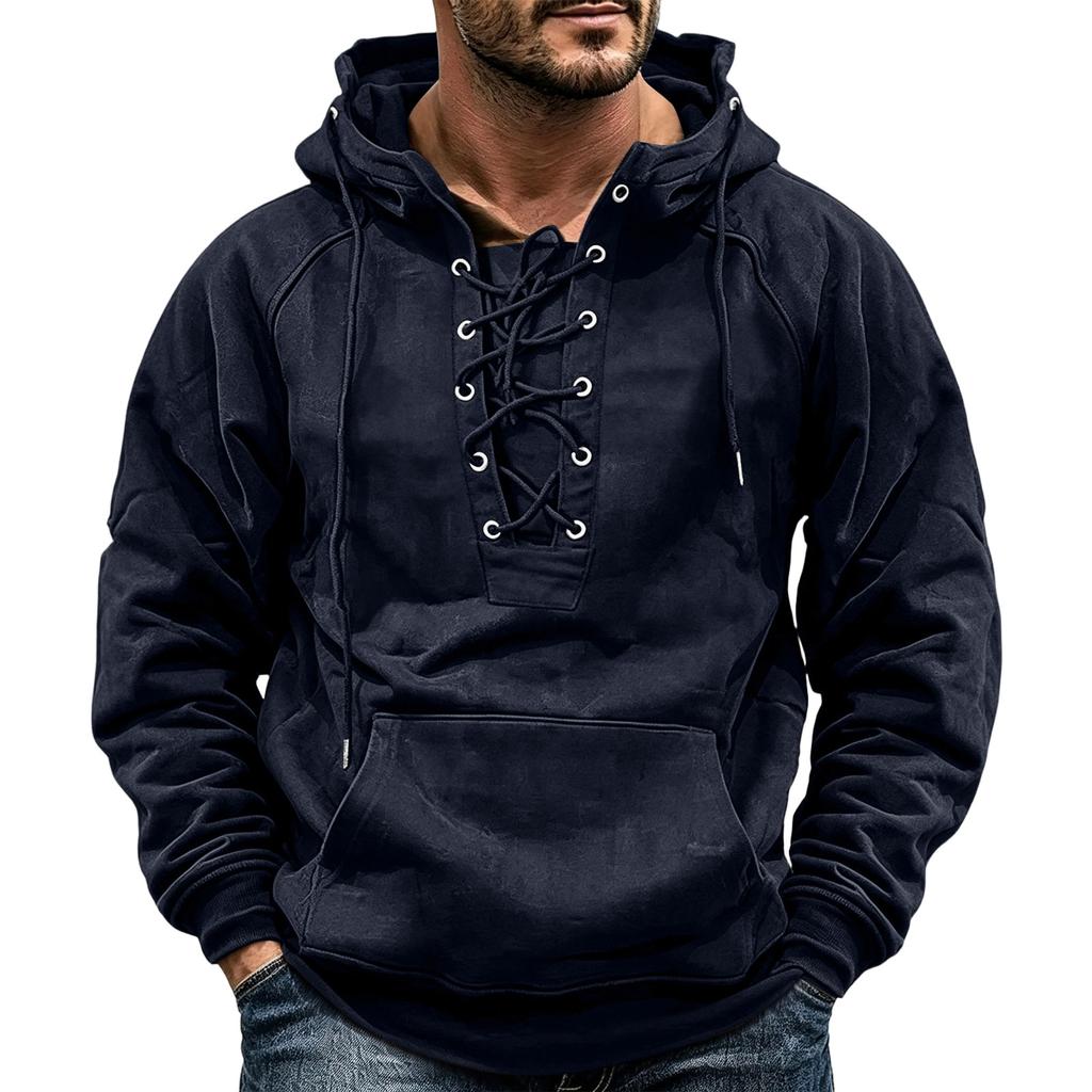 Men's Retro Hooded Long Sleeve T-Shirt with Drawstring for Outdoor Fall Activities
