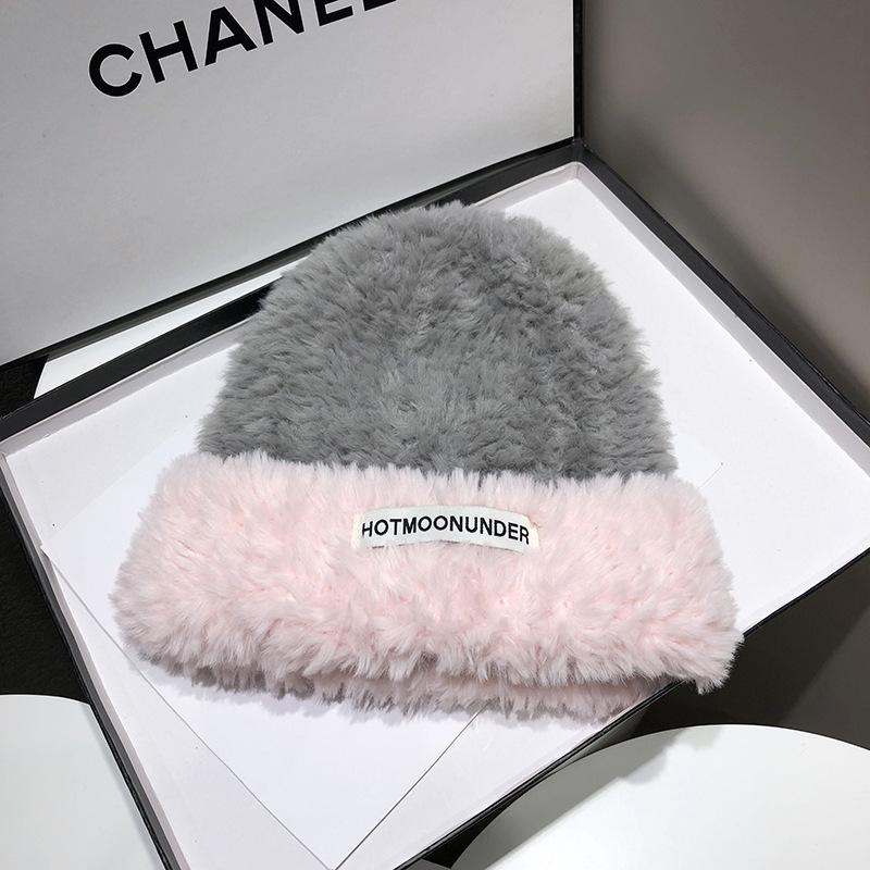Women's Korean Contrast Color Plush Winter Hat with Ear Protection - Warm Wool Knit, Small Face Design