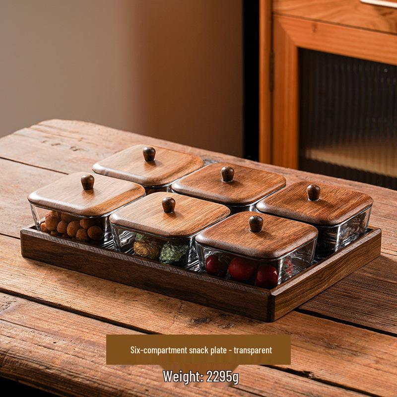 Compartmented Walnut Wood and Glass Snack Tray