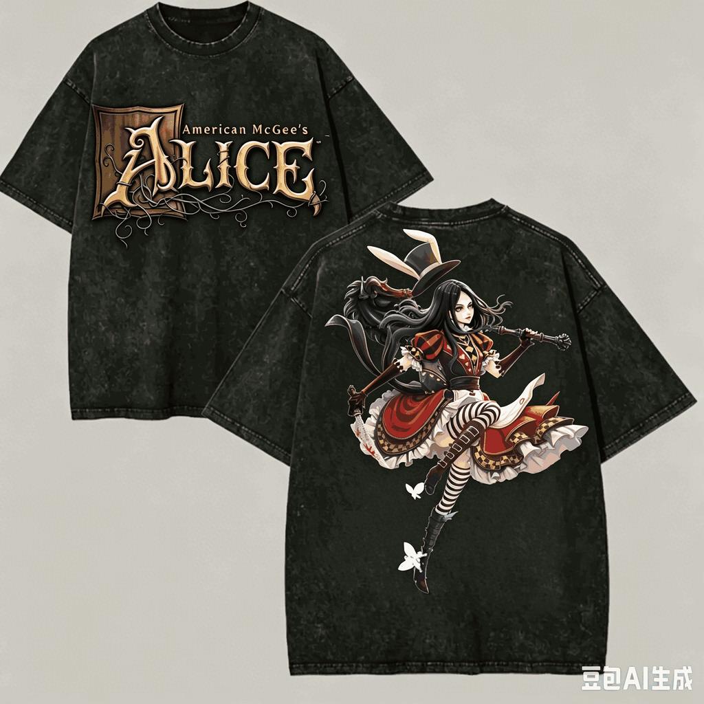 Alice Madness gewaschenes T-Shirt Anime-Liebhaber Harajuku Neues Modell Oversized Vintage Locker Klassisch Unisex Y2k Kurze Ärmel Klassisches T-Shirt