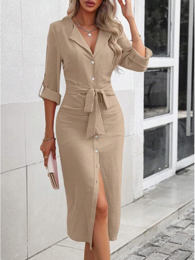 2024 Autumn Solid Color Lapel Waist Tie Slit Dress for Women