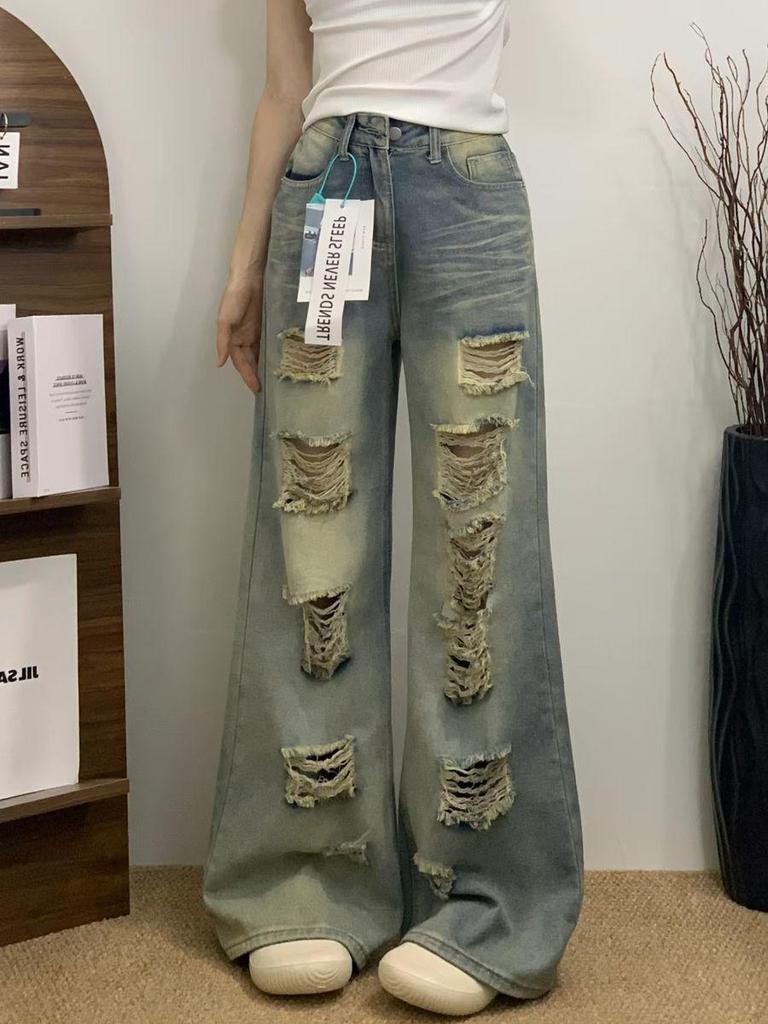 High Waist Retro Ripped Jeans for Women - Loose Slimming Straight Leg, Wide-Leg, Floor-Length Pants