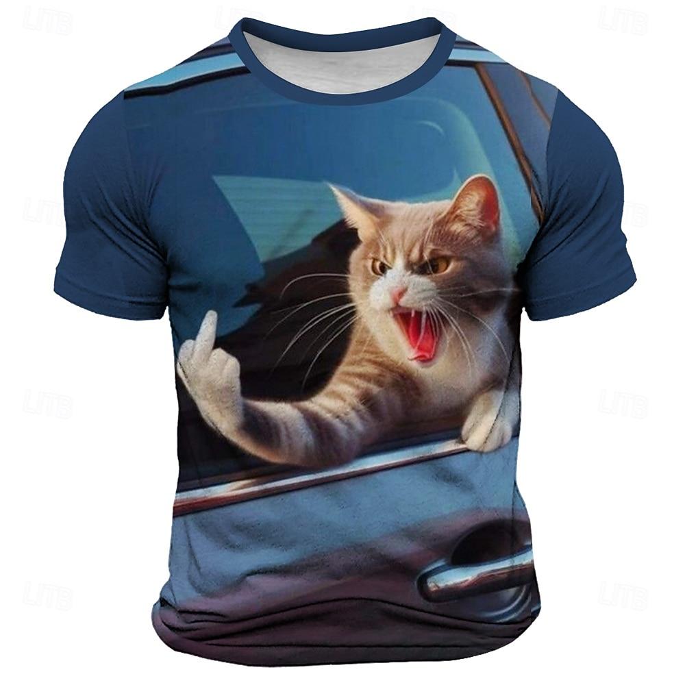 Men's Cat Funny T Shirt Short Sleeve T shirt 3D Print Crew Neck Shirt Fashion Daily Street Daily Black Blue Gray Summer