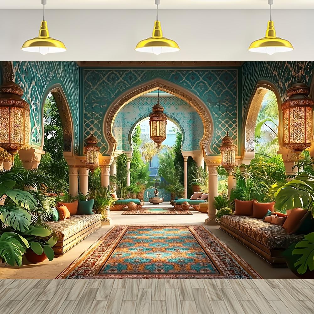 A delicate Moroccan-style nighttime celebration banner - depicting an Arab courtyard scene, lush green plants and decorations