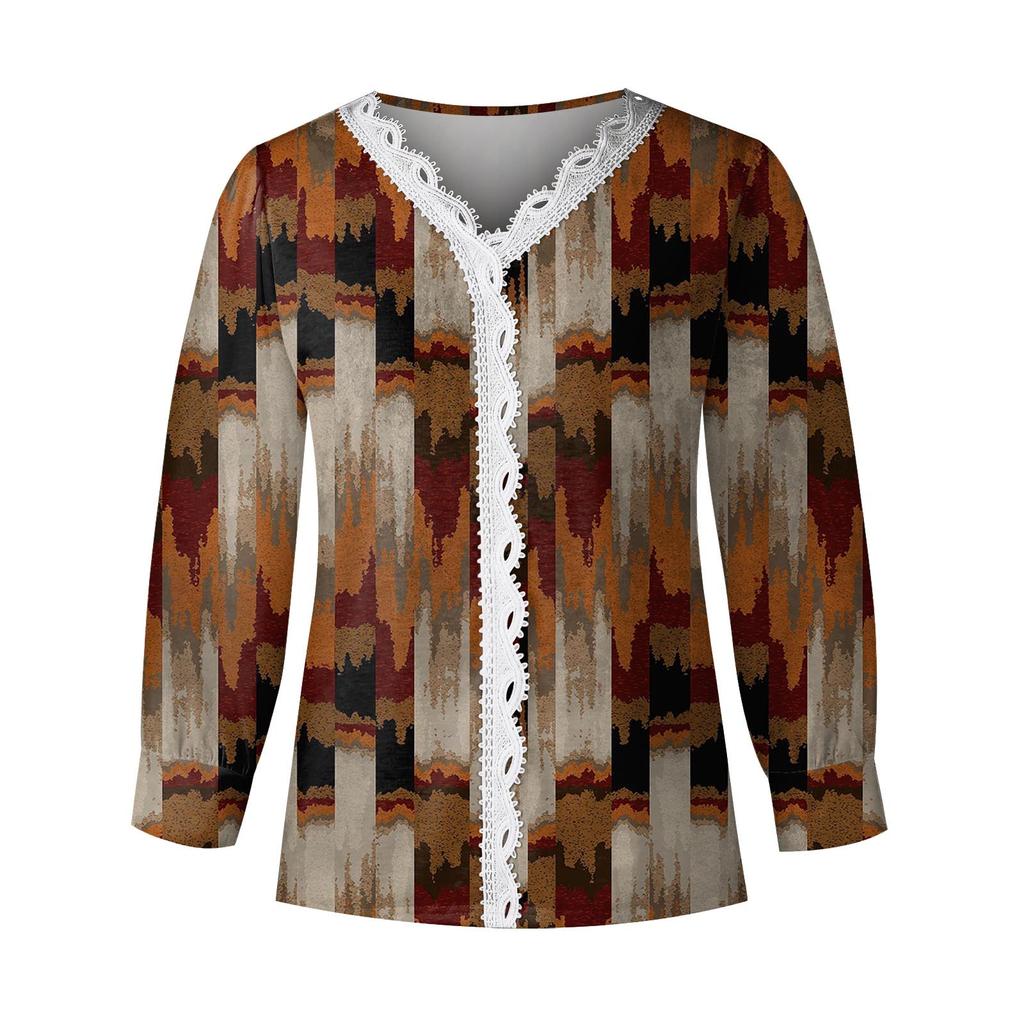 Women's V Neck Lace Long Sleeves Pleated T-Shirt Fashion Tops Tunic Button Up Ladies Business Cotton Casual Shirts