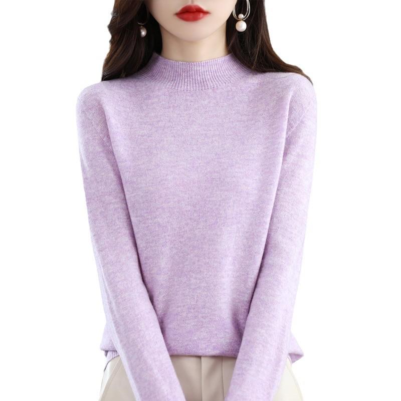 Women's Seamless Knit Half-High Neck Pullover: Loose, Slim-Fitting, Long Sleeve Sweater for Autumn/Winter