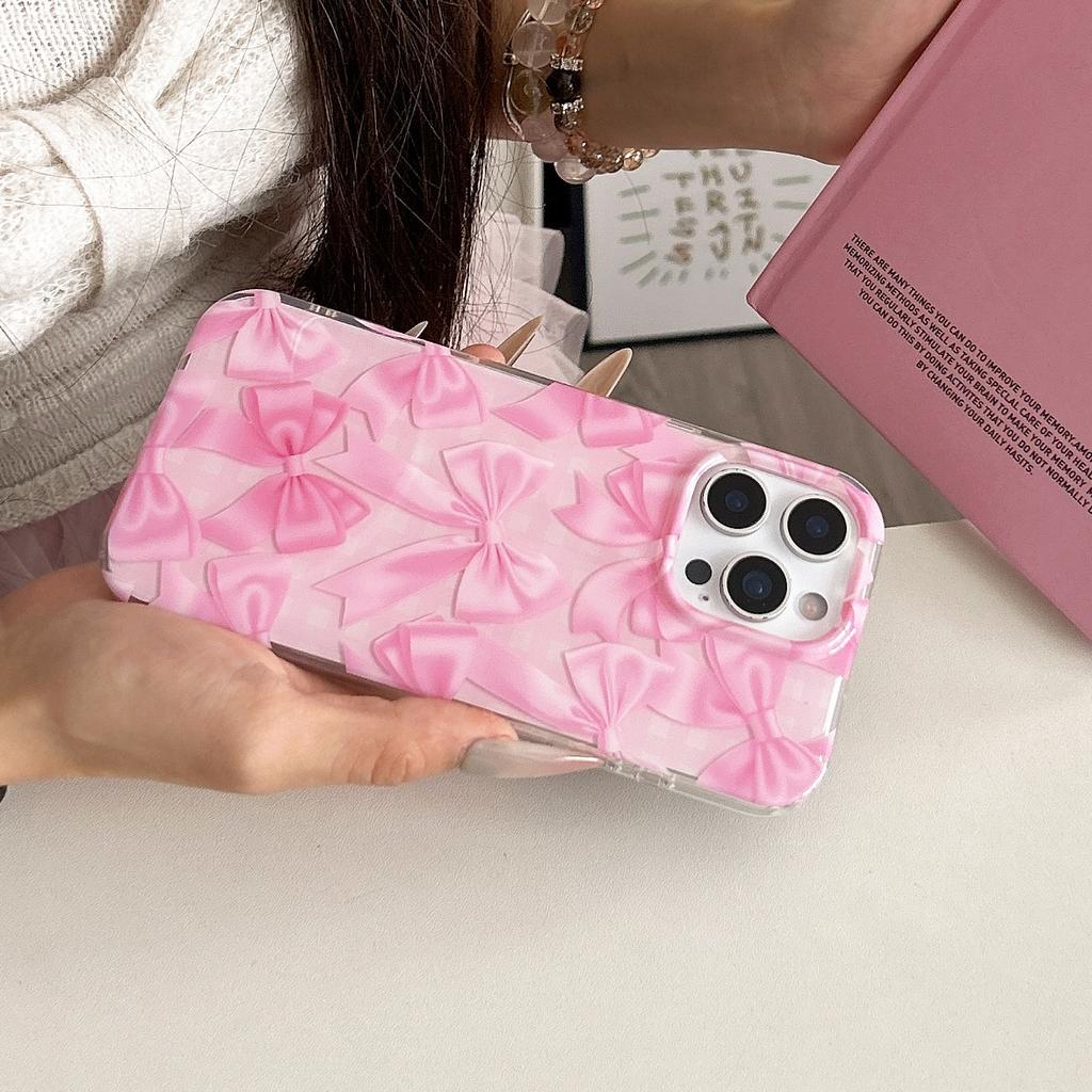 Mädchenhaftes Karomuster Rosa Schleife Geeignet für Apple 16 Handyhülle iPhone 17 Pro Max Doppelschichtige Hülle 15/14