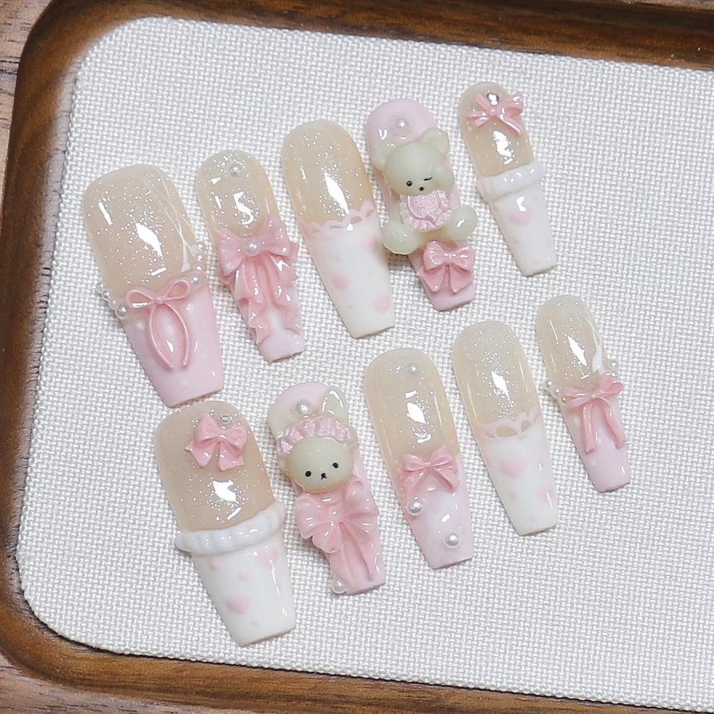 Handmade Pink Candy Bear Nail Patches - Cute, Long Style for Girls